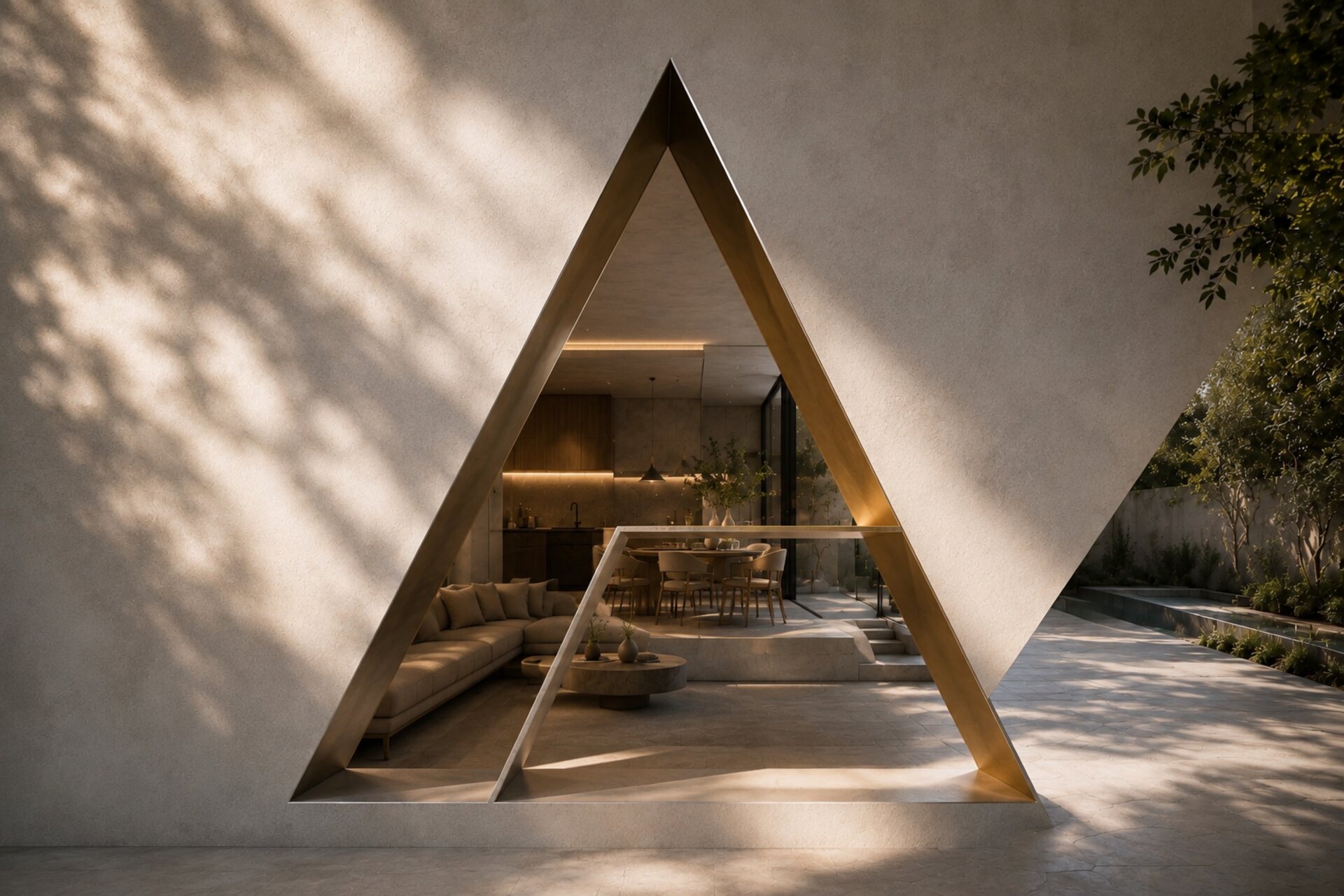 Ouverture triangulaire en laiton sur une rénovation intérieure signée ARAXO, entreprise de plâtrerie et peinture à Lyon